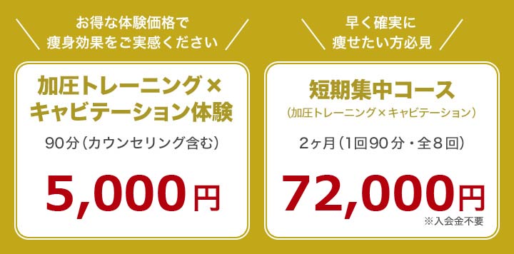 加圧トレーニング×キャビテーション体験 5000円　短期集中コース（加圧トレーニング×キャビテーション 90分）72000円